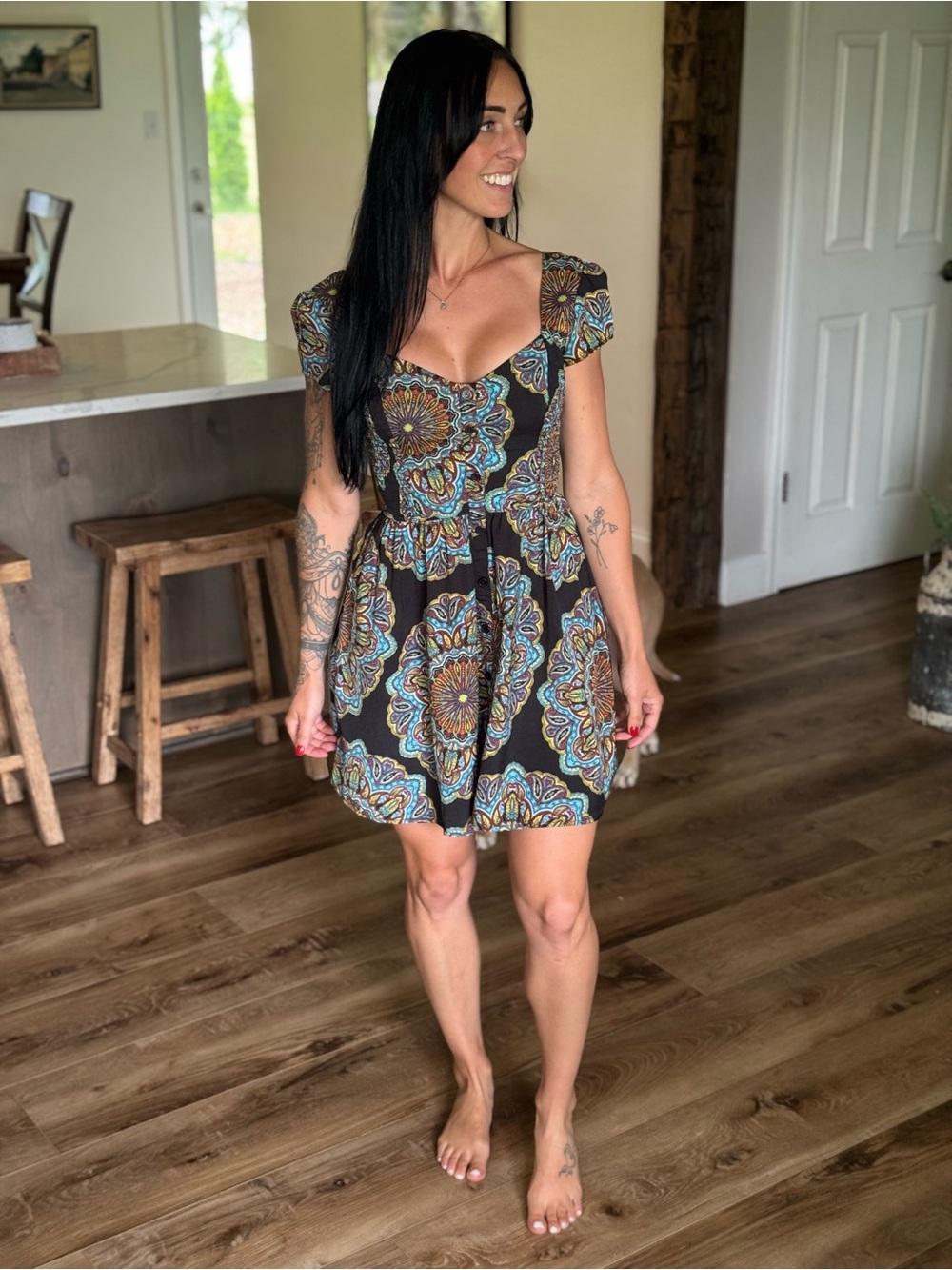 Floral Medallion Short-Sleeve Fit & Flare Dress - Black/Blue